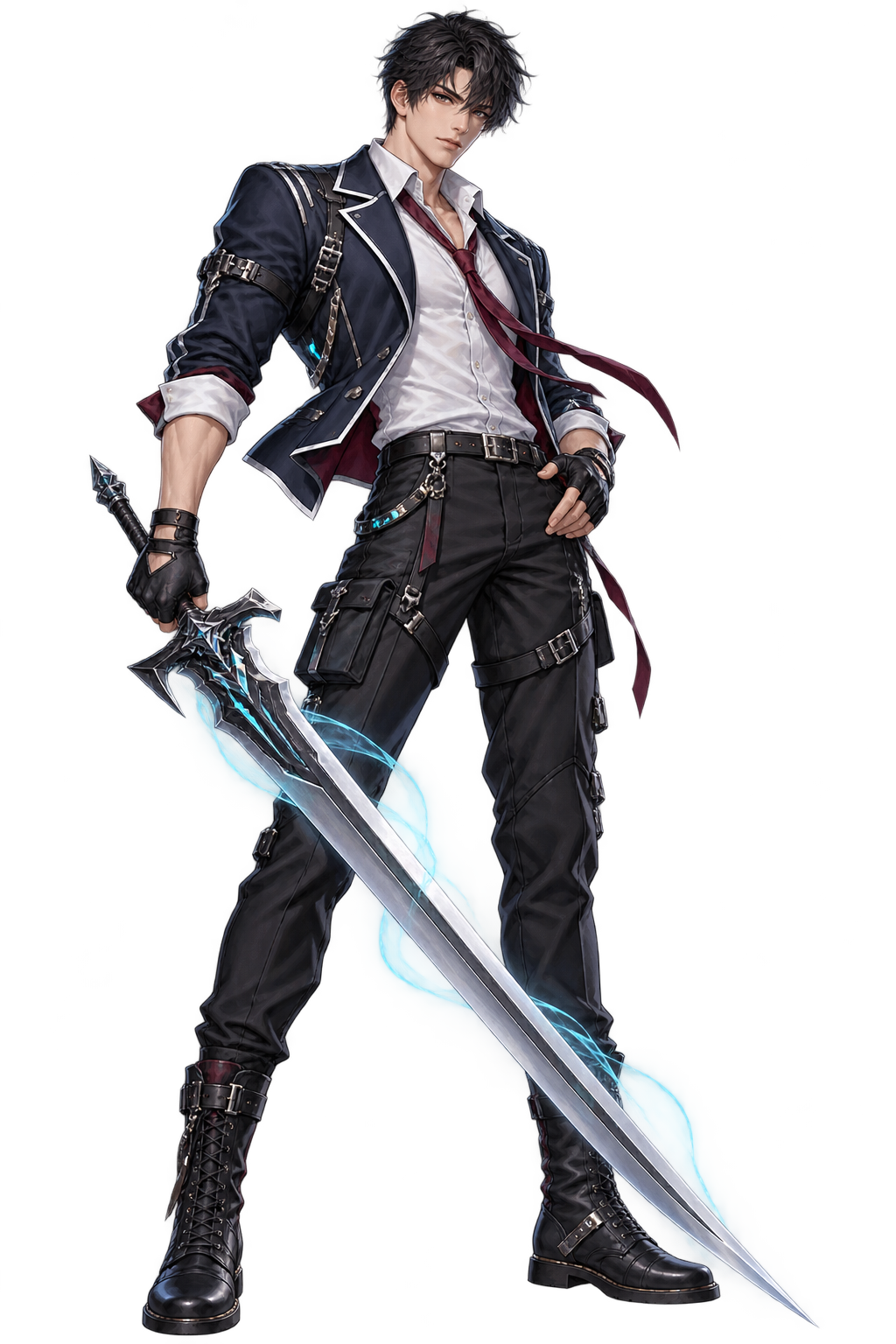 Swordman VORTEX dengan seragam akademi modern dan pedang